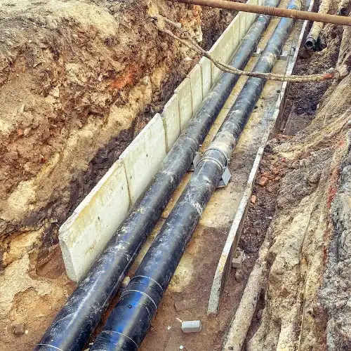 Instalación de red de alcantarillado, se observan múltiples tuberías negras de gran diámetro en una zanja abierta con paredes laterales aseguradas por paneles prefabricados, proyecto de infraestructura Gapac.