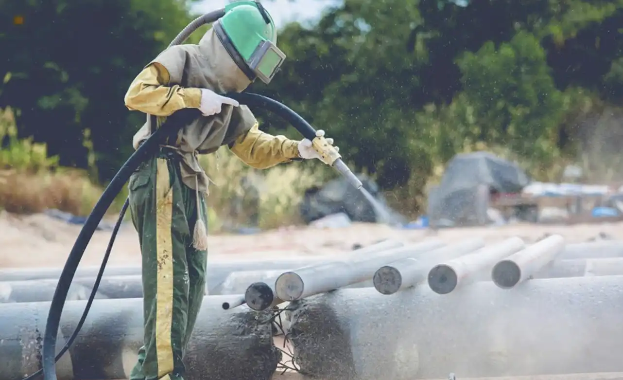 Operario realizando sandblasting (chorro de arena) para la preparación de superficies metálicas de tuberías. Proceso esencial para la protección anticorrosión y la calidad duradera en proyectos de GAPAC.