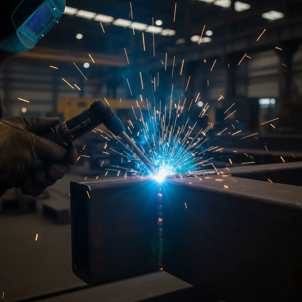 Plano detalle de Soldadura MIG/MAG (GMAW) en proceso, un método rápido y altamente productivo para la fabricación metalmecánica y de estructuras metálicas en GAPAC.