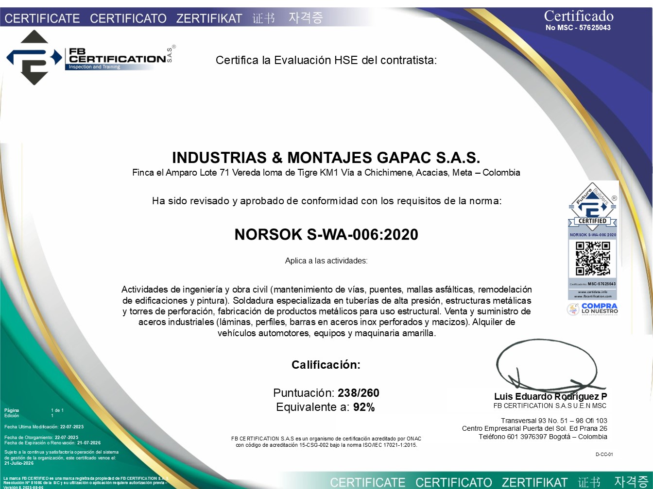 Certificado NORSOK S-WA-006:2020 de GAPAC para la evaluación HSE de contratistas, relevante para el sector de petróleo y gas.
